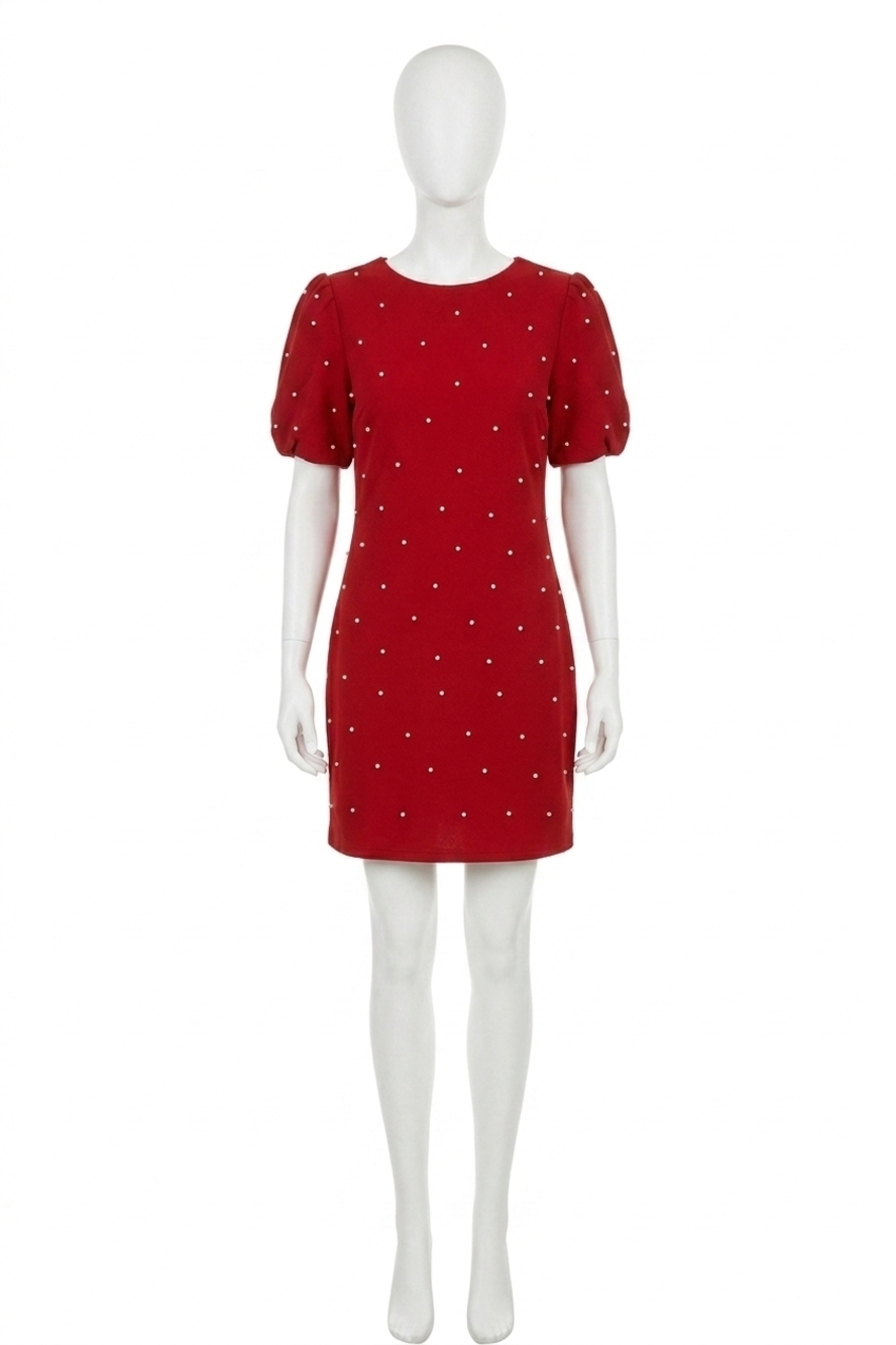 NEW SHE + SKY scattered rhinestone trim short dress in red